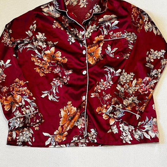 Women's‎ Satin Pajamas Set Maroon Romantic Floral Long Sleeve Size Medium (READ) - Picture 9 of 14